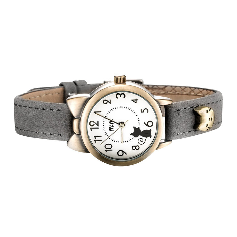 [Australia] - Fq-234 Brown Leather Strap Bowknot Kitty Design Students Girls Woman Quartz Wrist Watches 