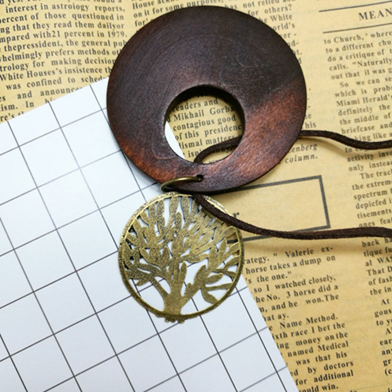 [Australia] - HUNO Tree of Life Pendant Necklace Long Leather Chain Statement Wooden Necklace for Women Girls Vintage Wood Jewelry 