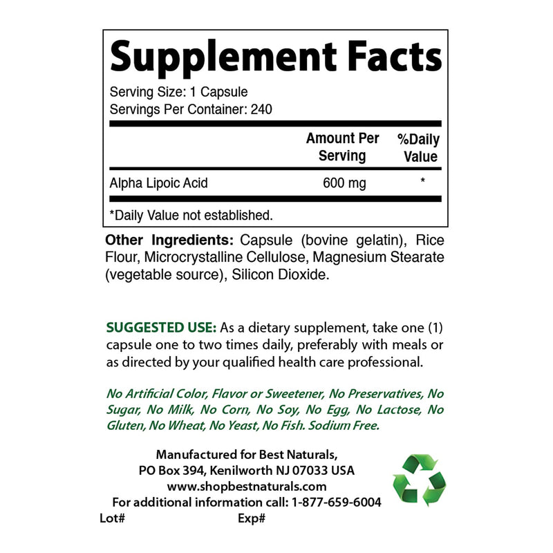 [Australia] - Best Naturals Alpha Lipoic Acid 600 mg 240 Capsules (240 Count (Pack of 1)) 240 Count (Pack of 1) 
