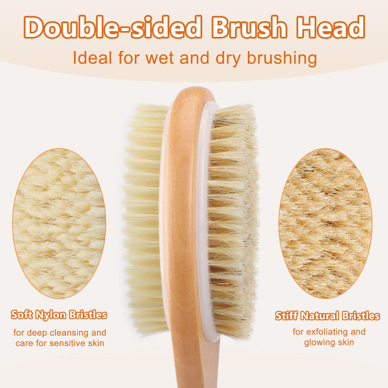 [Australia] - FREATECH Bath Shower Brush Back Scrubber - 44cm Long Wooden Handle Double-sided Back Brush Body Exfoliator, Soft and Stiff Bristles for Wet or Dry Brushing, Cellulite Removal and Lymphatic Drainage Blue 