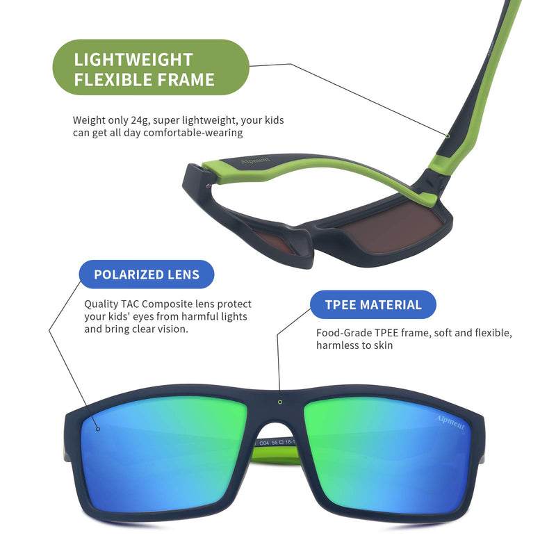 [Australia] - ALPMENT Kids Polarized Sunglasses TPEE Flexible Frame with Adjustable Strap for Boys Girls Age 6-12 Black/Green Frame|green Revo Lense 