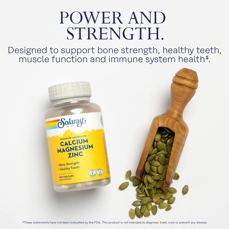 [Australia] - Solaray Calcium Magnesium Zinc Supplement, with Cal & Mag Citrate, Strong Bones & Teeth Support, Easy to Swallow Capsules, Vegan, 60 Day Money Back Guarantee, 25 Servings, 100 VegCaps 100 Count (Pack of 1) 