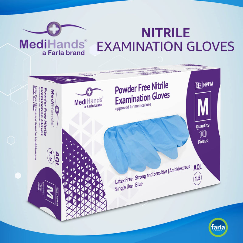 [Australia] - MediHands Nitrile Gloves Medium, Blue Heavy Duty Disposable Gloves, Powder Free, Latex Free, and Protein Free, Medical, Food, Multi Use, Pack of 100 M 