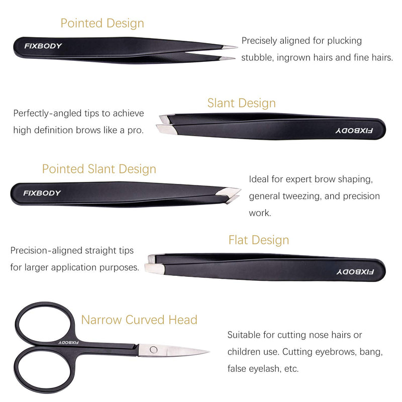 [Australia] - FIXBODY Tweezers Set 5-Piece - Professional Stainless Steel Tweezers with Curved Scissors, Best Precision Tweezer for Eyebrows, Splinter & Ingrown Hair Removal with Leather Travel Case Black 