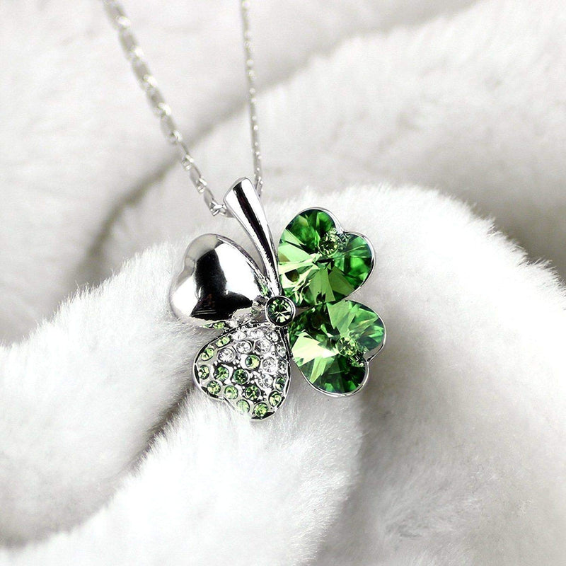 [Australia] - Four Leaf Clover Necklace - Green St.Patrick's Day Shamrock Jewelry - Good Luck - Green Clover Necklace, Earrings, Bracelet, Brooch - Crystals and Rhinestones - Mall of Style Silver Necklace 