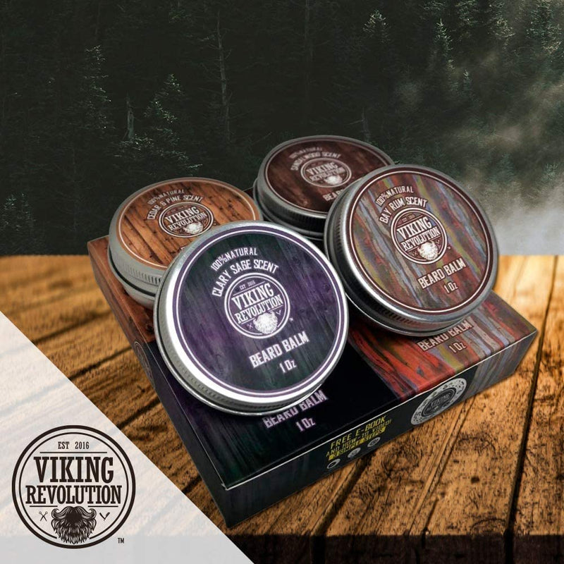 [Australia] - Viking Revolution Beard Balm For Men (4x28g) Variety Pack - Sandalwood, Pine & Cedar, Bay Rum, Clary Sage Beard Wax For Men - Styles, Strengthens & Softens For Healthy Beards 28.35 g (Pack of 4) 