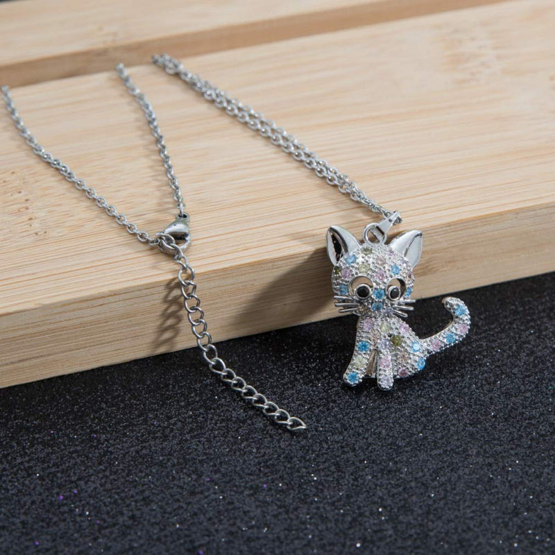 [Australia] - SXNK7 Cat Necklace Silver Tone Sparkly Rainbow Crystal Cat Necklace Cat Pendant Necklace Jewelry for Women Teen Girls Kids Cat Lover Gifts (color new2) 