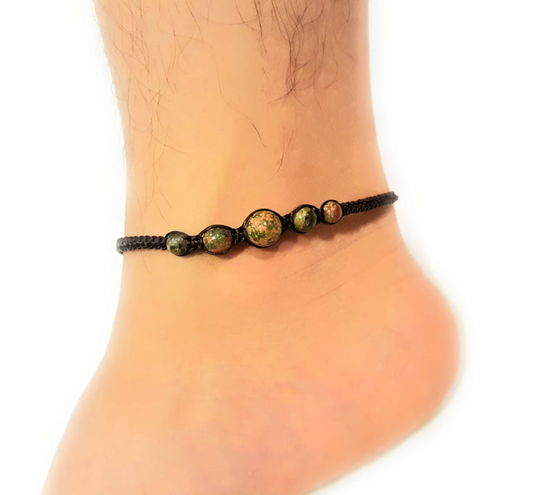 [Australia] - Infinityee888 Unakite Anklet Bracelet Macrame Braided Woven Wax Cord Adjustable Anklet for Men, Women, teengirls -NYAKUK1 