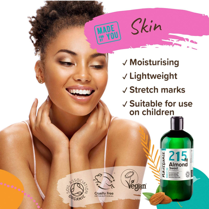 [Australia] - Naissance Certified Organic Sweet Almond Oil (no. 215) 500ml ‚Äì For Skin Hair Massage Nails Ears Face Body Stretch Marks - Natural Skin Care Cold Pressed Unrefined Food Grade Carrier Oil Aromatherapy 