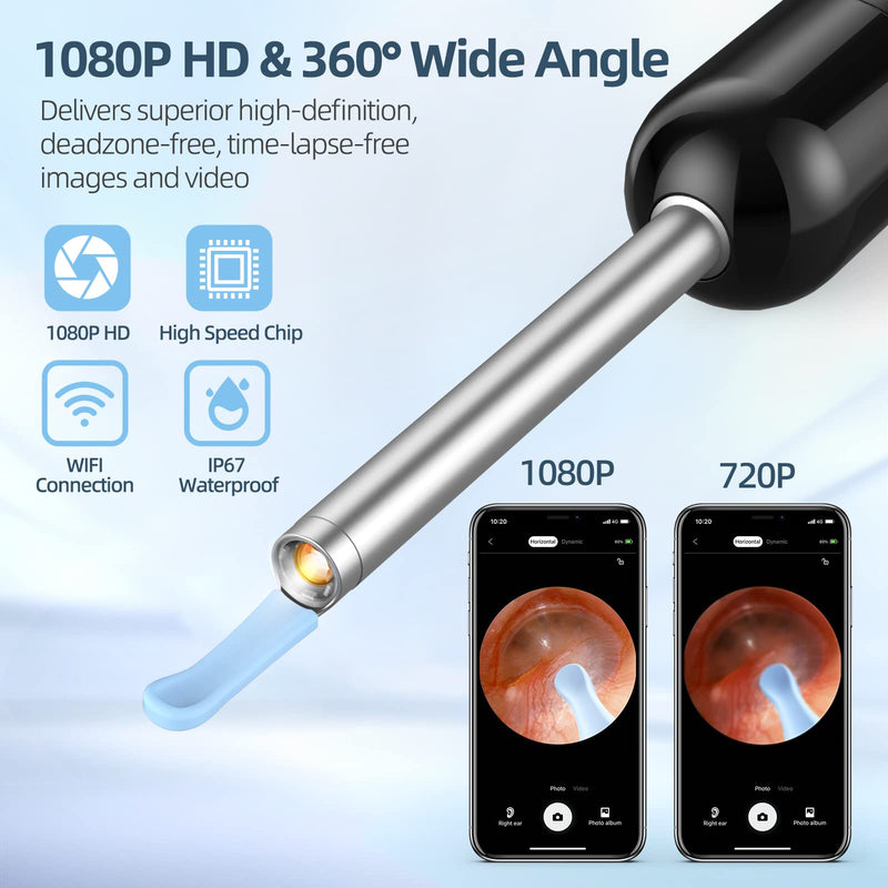 [Australia] - Ear Wax Removal, Ear Cleaner with Camera, Ear Wax Removal Tool Camera with 1080P, Otoscope with Light, Ear Wax Removal Kit with 6 Ear Pick, Ear Camera for iPhone, iPad, Android Phones Black 
