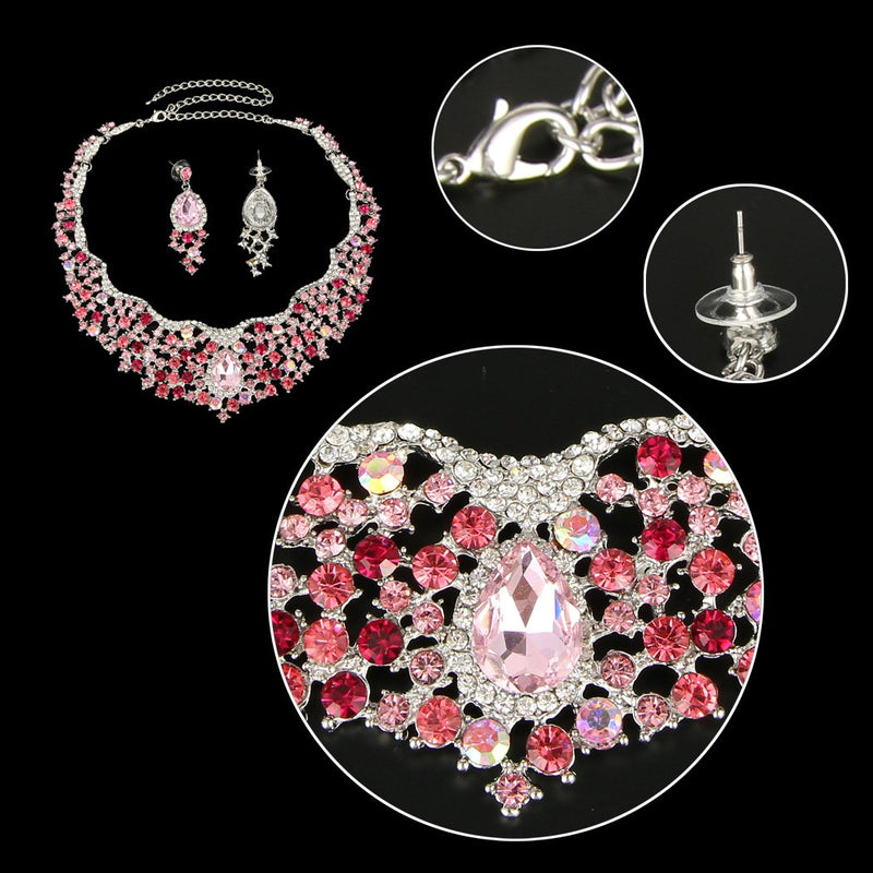 [Australia] - EVER FAITH Women's Austrian Crystal Flower Cluster Teardrop Necklace Earrings Set Pink Silver-Tone 