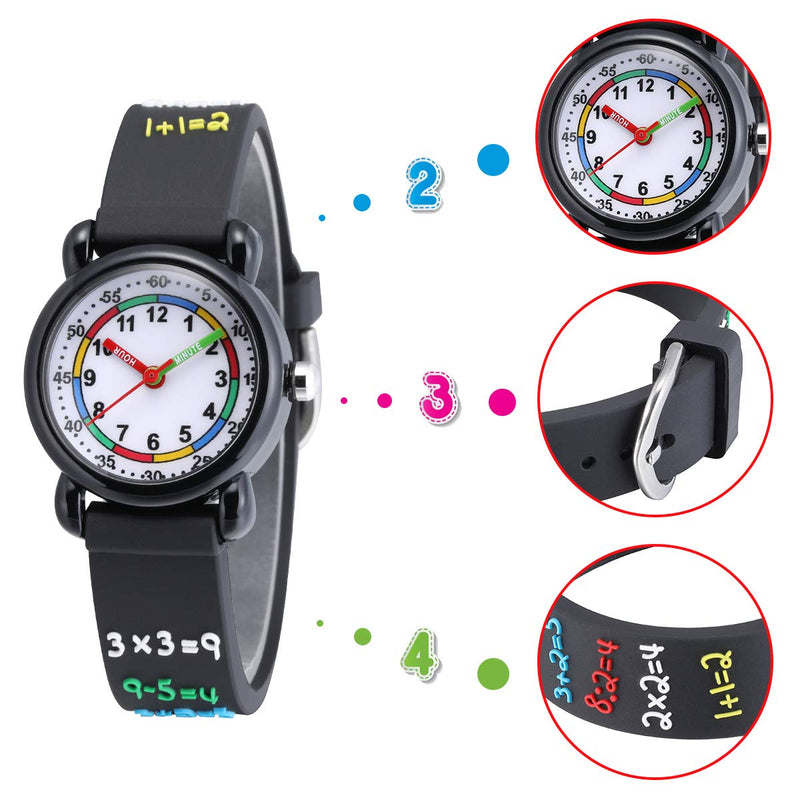 [Australia] - Jewtme Cute Toddler Children Kids Watches Ages 3-8 Analog Time Teacher 3D Silicone Band Cartoon Watch for Little Girls Boys Arithmetic-Black 