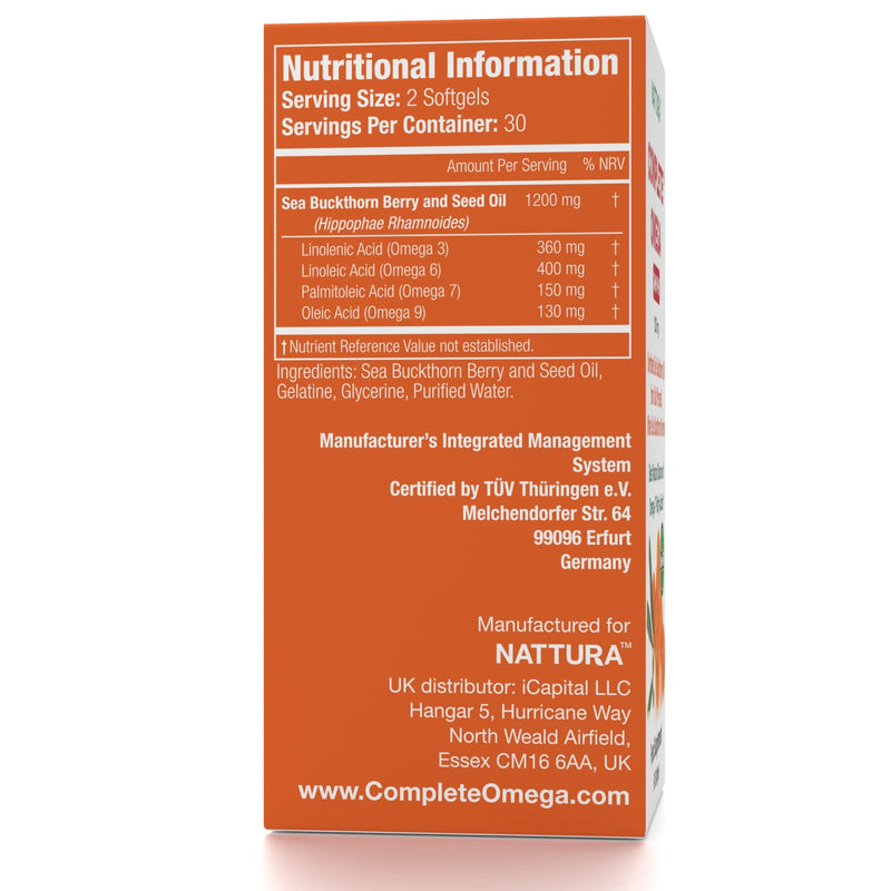 [Australia] - Complete Omega 3-6-7-9 Made in EU, Pure Sea Buckthorn Oil from Whole Sea Buckthorn Berries - Non-GMO, Kosher, cGMP (1,200mg) 60 Capsules 60 Count (Pack of 1) 
