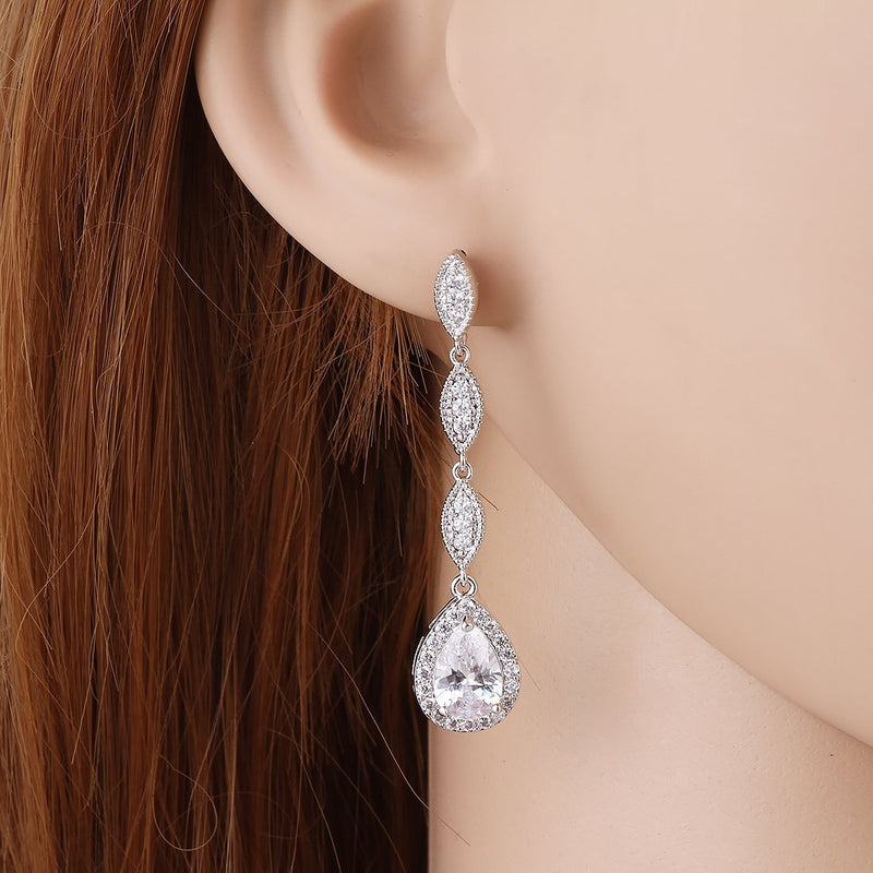 [Australia] - Wordless Love Teardrop Pear Shape CZ Necklace Pierced Earrings Women Wedding Jewelry Sets 