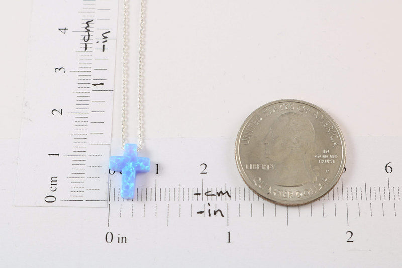 [Australia] - Women's Mini Blue Created Opal Cross Dainty Minimalist Pendant Necklace with 925 Sterling Silver Chain 16+2 inches Light Blue 