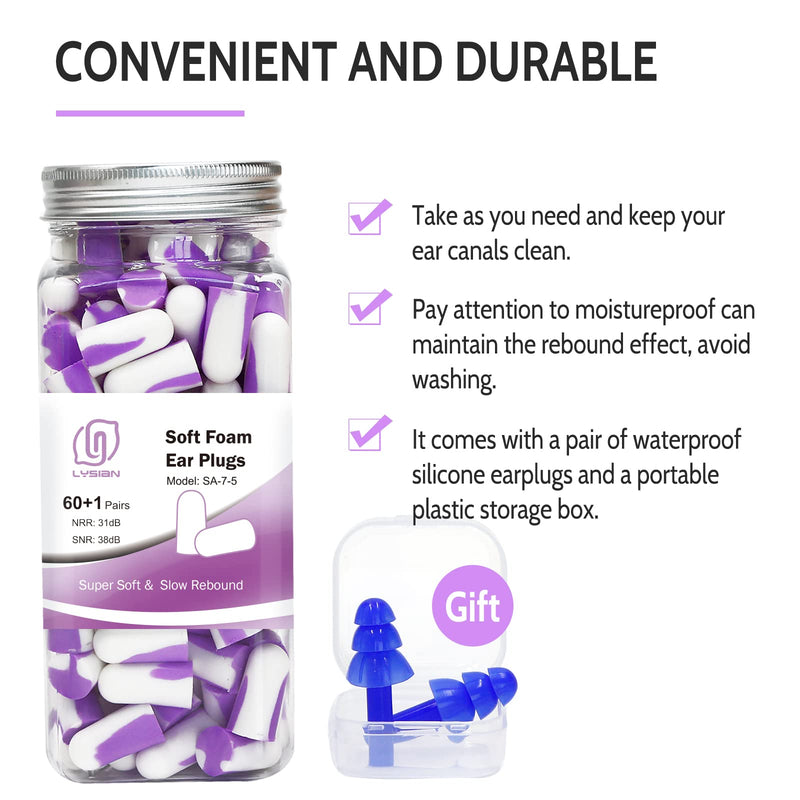 [Australia] - Ultra Soft Foam Earplugs 60 Pairs, 38dB SNR Ear Plugs for Sleeping, Mowing, Shooting, and All Loud Noise by Lysian, Purple/White 