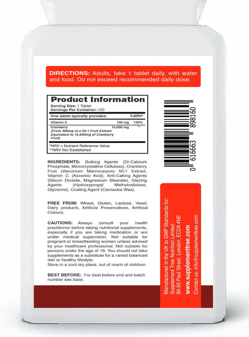 [Australia] - Triple Strength Cranberry Tablets 15,000mg | 120 Vegan Tablets with VIT C | High Strength Cranberry Extract Tablet | UTI Cystitis Support for Men & Women | Cranberry Pills Supplement | UK Manufactured 