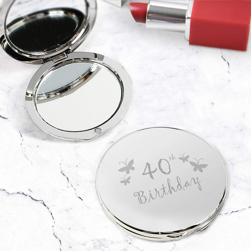 [Australia] - Silver Finish Engraved 40th Birthday Round Compact Mirror with Butterflies Great Idea for Birthday Gift Friends Presents Gifts 
