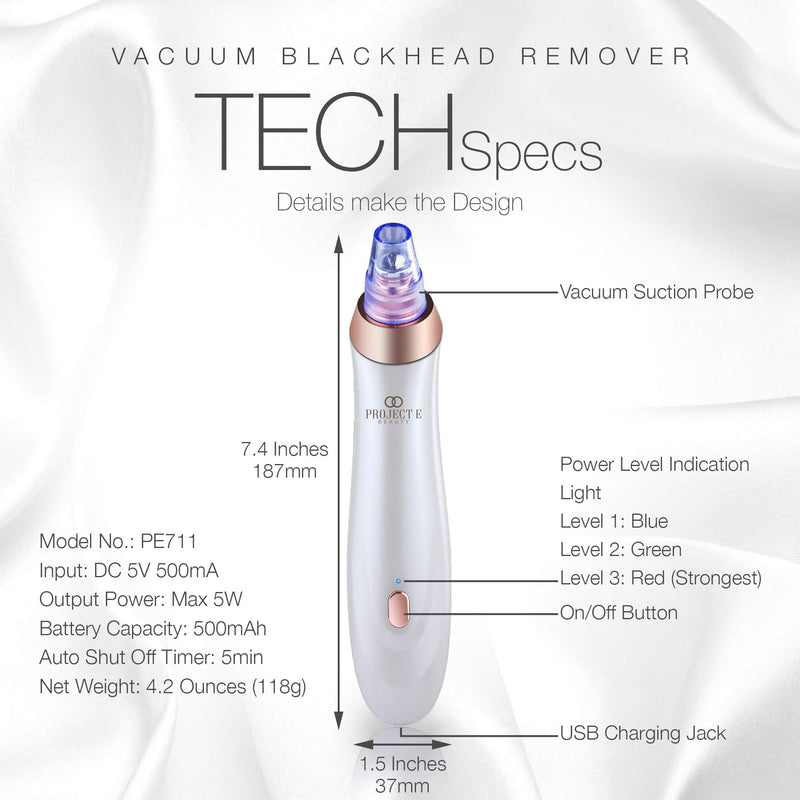 [Australia] - Project E Beauty Vacuum Blackhead Remover Extractor Facial Acne Whitehead Pimple Pore Nose Face Cleanser Tool Device USB Rechargeable 3 Adjustable Suction Power & 5 Replacement Probes for Men & Women 