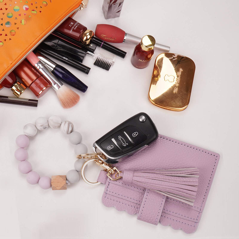 [Australia] - TING-CHUN Wristlet Keychain Silicone Beaded Bracelet PU Leather Tassel Wallet Round Bangle Car Key Ring With Card Holder For Women Girls 