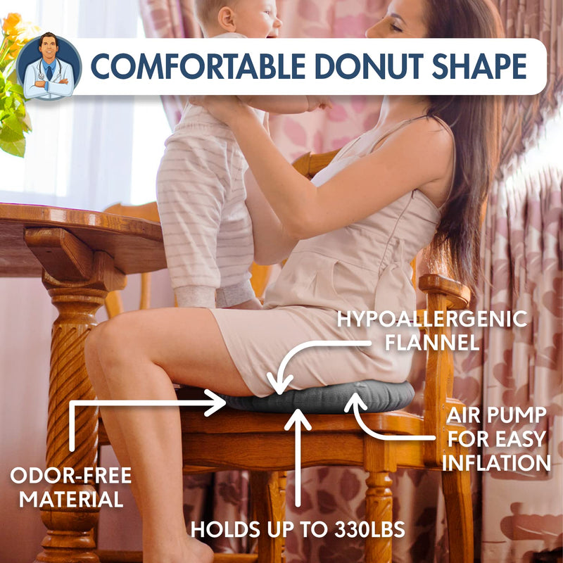 [Australia] - Dr. Frederick’s Original Donut Pillow - 18" Inflatable Donut Cushion for Tailbone Pain Relief - Donut Pillow Seat Cushion for Hemorrhoids, Bed Sores, Prostatitis - Gray 