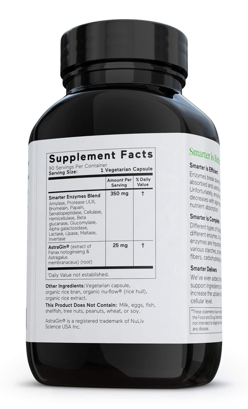 [Australia] - Smarter Nutrition Enzymes - Daily Digestive Aids with 16 Different Natural Enzymes, Nutrient Absorption Aid w Bromelain, Papain, Lactase, AstraGin (1-Month Supply - 90 Capsules) 90 Count (Pack of 1) 