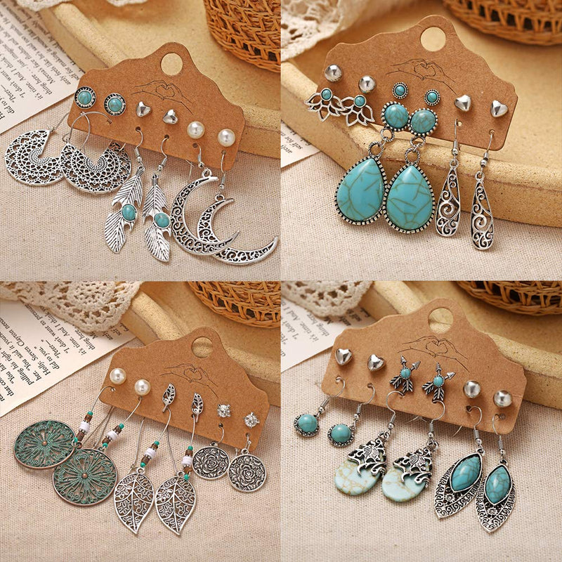 [Australia] - 36 Pairs Fashion Vintage Simulated Turquoise Drop Dangle Earrings Set for Women Girls Boho Hollow Waterdrop Leave Feather Silver Jewelry for Gifts 