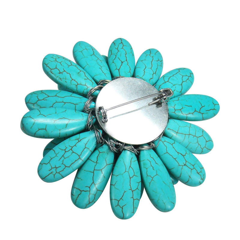 [Australia] - AeraVida Double Sunflower Simulated Turquoise and Cultured Freshwater White Pearl Floral Pin or Brooch 