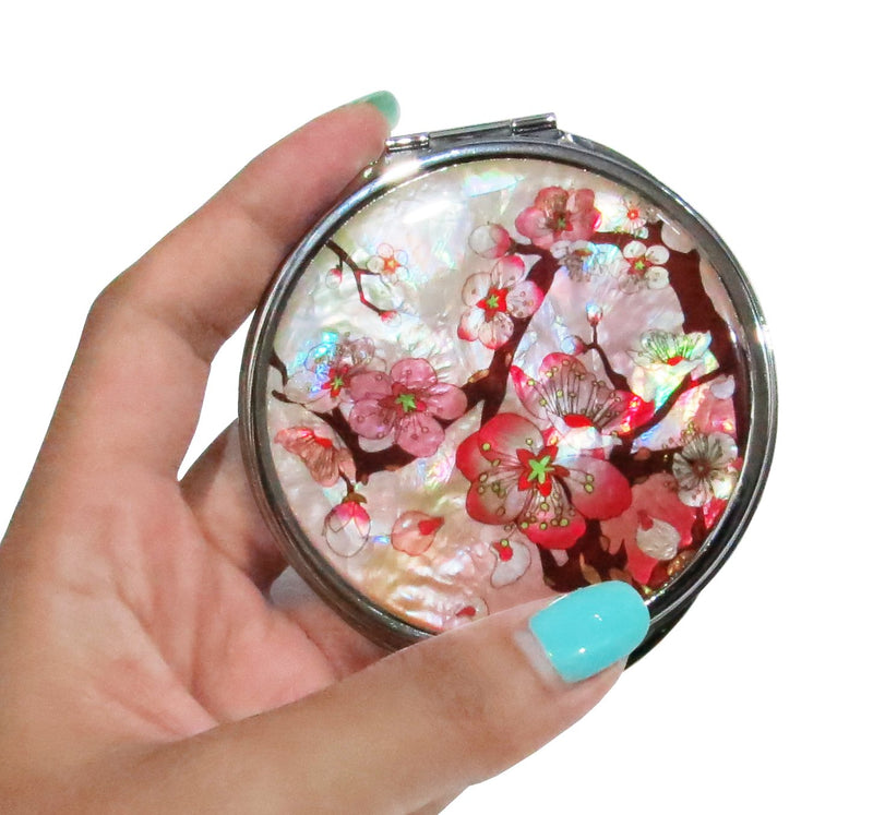 [Australia] - MADDesign Mother of Pearl Pink Makeup Mirror Dual Compact Folding Magnify Apricot Tree Flowers Design 