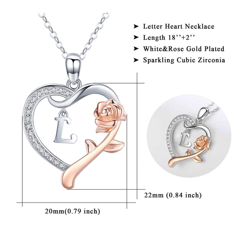 [Australia] - JUSTKIDSTOY Rose Gold Initial Letter Necklaces for Women S925 Sterling Silver Love Heart Letters with Rose Flower Pendant Birthday Jewelry Gifts. L 