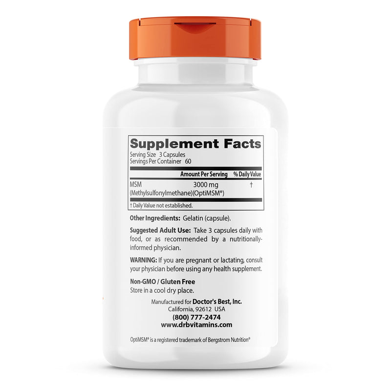 [Australia] - Doctor's Best MSM with OptiMSM, Joint Support, Immune System, Antioxidant and Protein-Building Role, Non-GMO, Gluten Free, 1000 mg, 180 Caps (DRB-00064) 