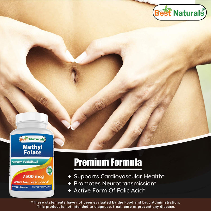 [Australia] - Best Naturals Methyl Folate 7500 mcg (7.5mg) (Most Bio-Available) Veggie Capsule - Supports Cell Formation Growth Function, Brain, Memory, Cardiovascular Health, 60 Count 