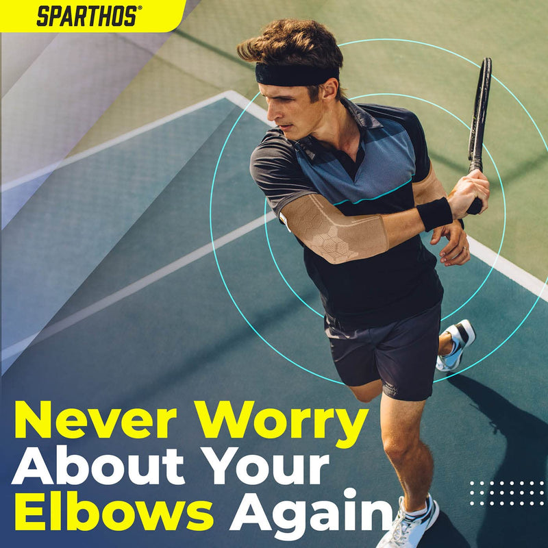 [Australia] - Sparthos Elbow Compression Sleeves (Pair) – Tennis and Golfer's Elbow Support – Elbow Brace for Men and Women – Made from Innovative Breathable Elastic Blend Large Desert Beige 