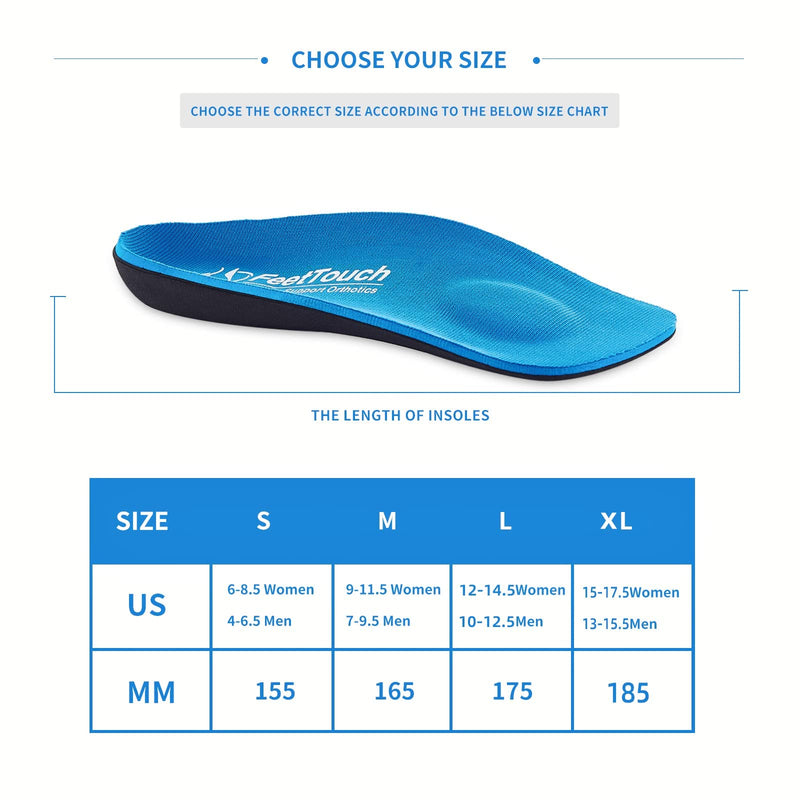 [Australia] - FeetTouch 3/4 Arch Support Orthotics Comfort Heel Cushion Inserts with Metatarsal Pad for Plantar Fasciitis Flat Feet Heel Pain Relief Men10-12.5/Women12-14.5 