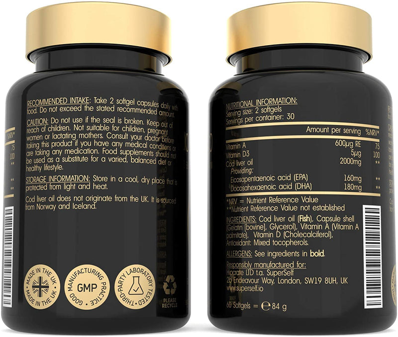 [Australia] - Cod Liver Oil Capsules - High Strength 2000mg - 60 Softgel Tablets - Rich in Omega 3 EPA DHA & Vitamins A and D - 1000mg Arctic Cod Liver Oil per Capsule - Odourless & Burp-Free Fish Oil - UK Made 