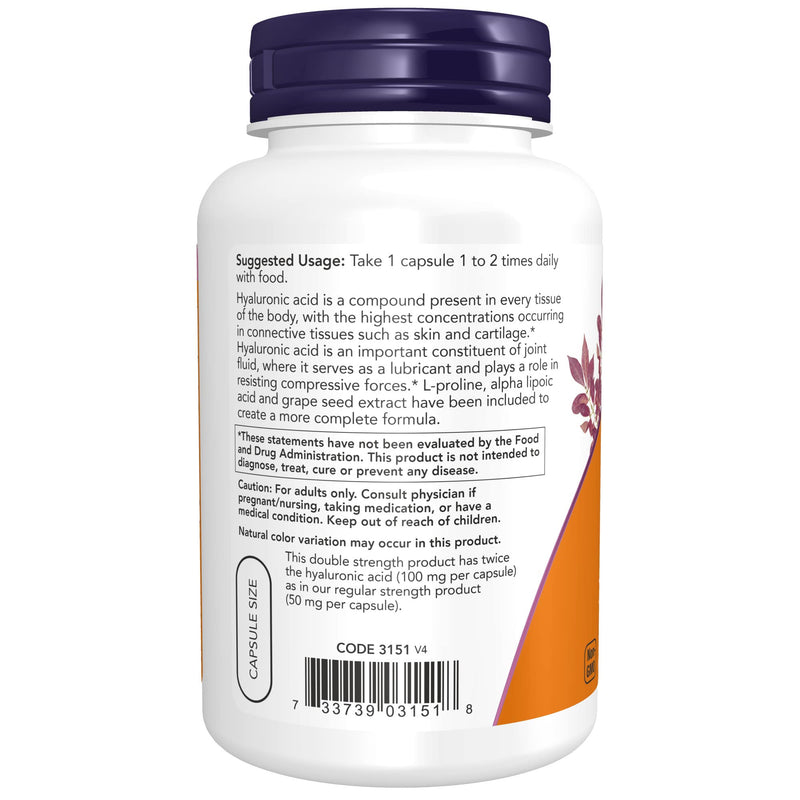 [Australia] - NOW Supplements, Hyaluronic Acid 100 mg, Double Strength with L-Proline, Alpha Lipoic Acid and Grape Seed Extract, 120 Veg Capsules 