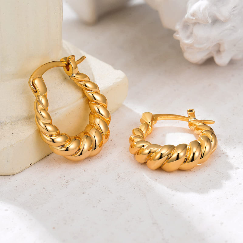[Australia] - JINEAR Twisted Hoop Earrings 14K Gold Plated Small Croissant Chunky Hoop Earrings Lightweight 15mm High Polished Huggie Hoops for Women and Girls 