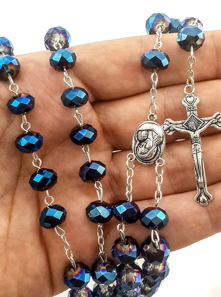 [Australia] - Woody Mood Store Deep Blue Crystal Beads Rosary Catholic Necklace Medal Cross Crucifix Holy Soil with Velvet Bag 