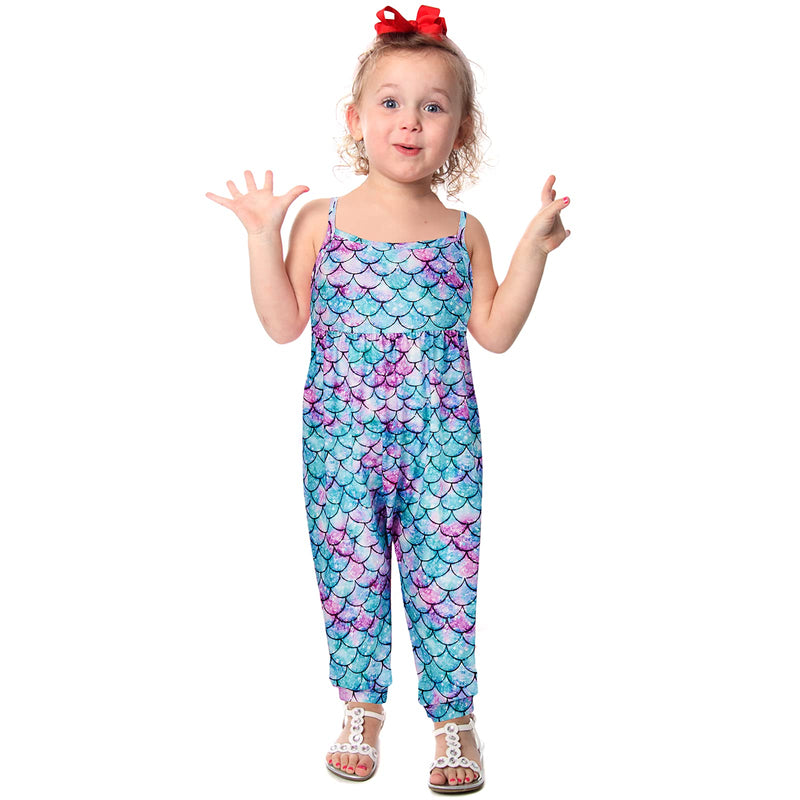 [Australia] - Toddler Baby Girls Jumpsuit Mermaid Dinosaur Floral Romper One Piece Summer Outfit Clothes Strap Harem Pants 1-6 Years Blue Mermaid 1-2T 