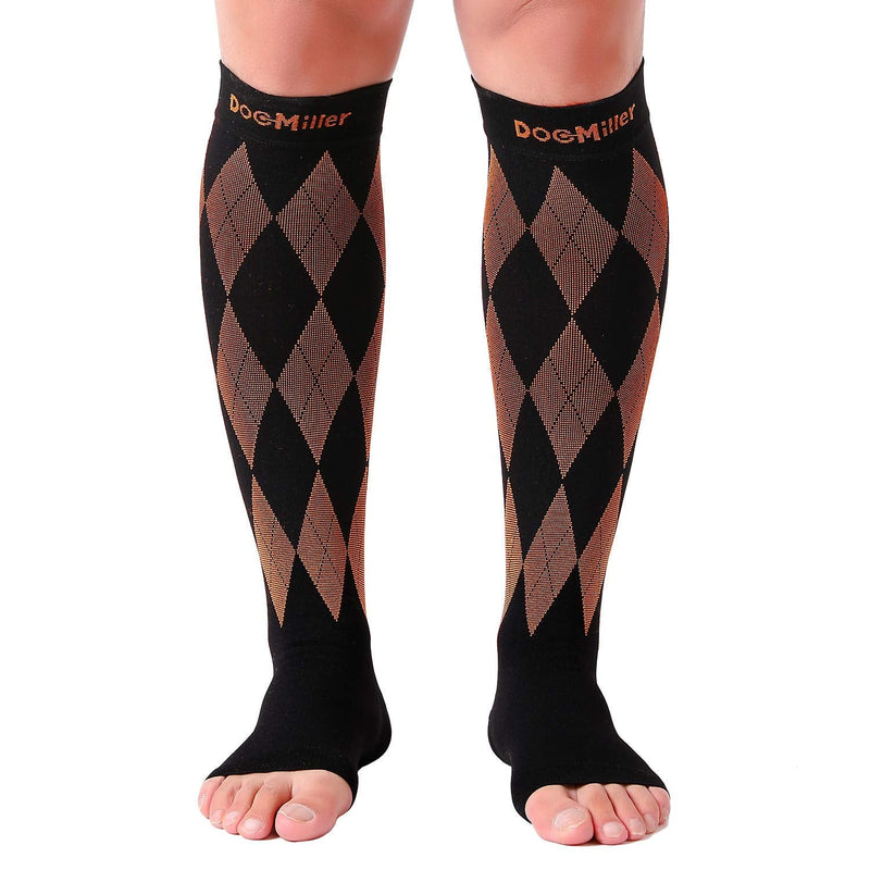 [Australia] - Doc Miller Open Toe Compression Socks Women 20-30mmHg, 1 Pair Toeless Socks for Women and Men - Argyle Design Large Black.orange Open Toe 