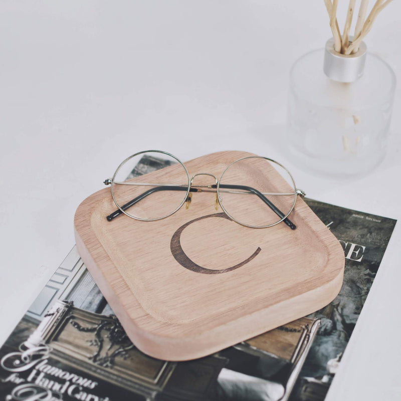 [Australia] - Solid Wood Personalized Initial Letter Jewelry Display Tray Decorative Trinket Dish Gifts For Rings Earrings Necklaces Bracelet Watch Holder (6"x6" Sq Natural "C") ุ6"x6" Sq Natural "C" 