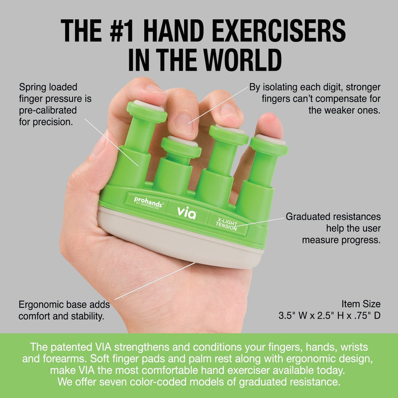 [Australia] - PROHANDS VIA Hand Exerciser, Finger Exerciser (Hand Grip Strengthener), Spring-Loaded, Finger-Piston System, Isolate and Exercise Each Finger 2 lb (X-Light Tension) Green - Via 