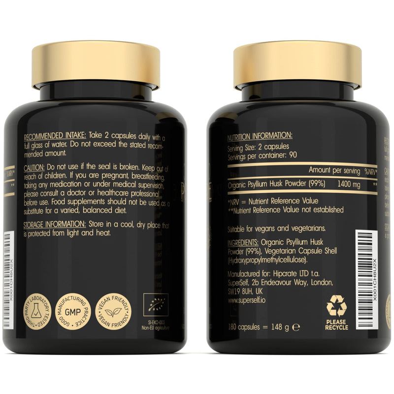 [Australia] - Organic Psyllium Husks Capsules 1400mg - Fibre Supplement for Men & Women - Pure Psyllium Husk Powder - 180 Tablets - High in Soluble Fiber - Certified Organic - Natural Prebiotic from Ispaghula Husk 