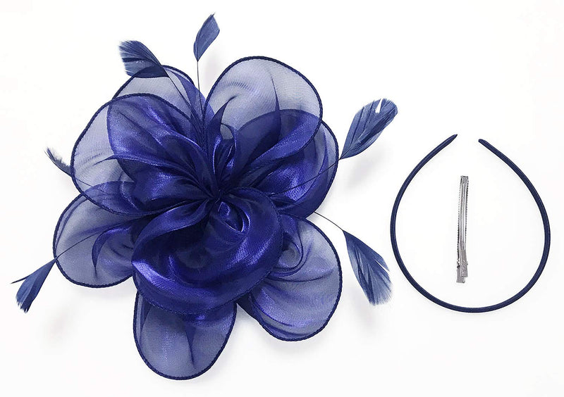 [Australia] - Z&X Sinamay Fascinator Kentucky Derby Church Hats for Women Floral Feather Tea Party Hat Bridal Headpiece with Headband Clip 029- Navy Blue 