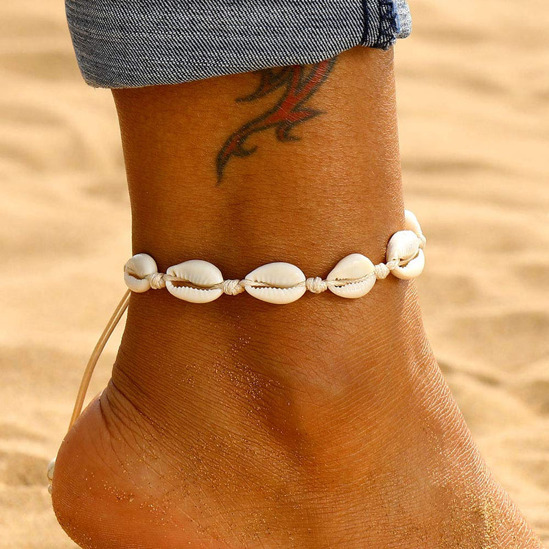 [Australia] - Fesciory Puka Shell Anklet for Women Summer Natural Cowrie Adjustable Ankle Bracelet, Handmade Boho Hawaiian Beach Seashell Jewelry for Girls A1:Shell Anklet Beige Rope 