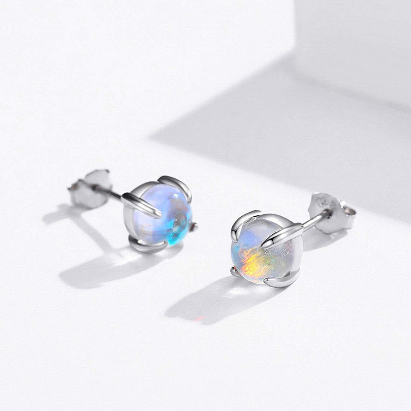 [Australia] - Round Moonstone Stud Earrings 925 Sterling Silver Rainbow Moonstone Stud Earrings for Women Hypoallergenic Earrings for Sensitive Ears Gift for Girls Kids A-silver 