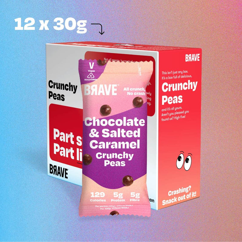 [Australia] - BRAVE Roasted Peas: Chocolate & Salted Caramel - Delicious Healthy Snacks - Vegan, Dairy-free - Source of Plant Protein & Fibre - Lower Sugar - Plant-based - Box of 12 packs (30g each) 
