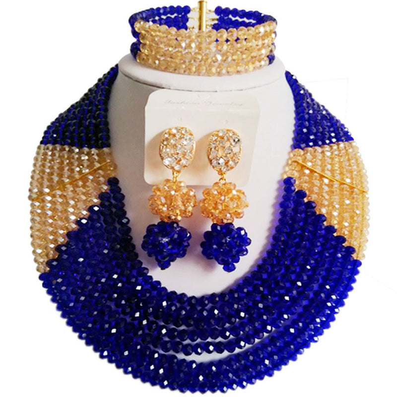 [Australia] - Nigerian Wedding African Royal Blue and Gold AB Beads Bridal Jewelry Sets LCF035 