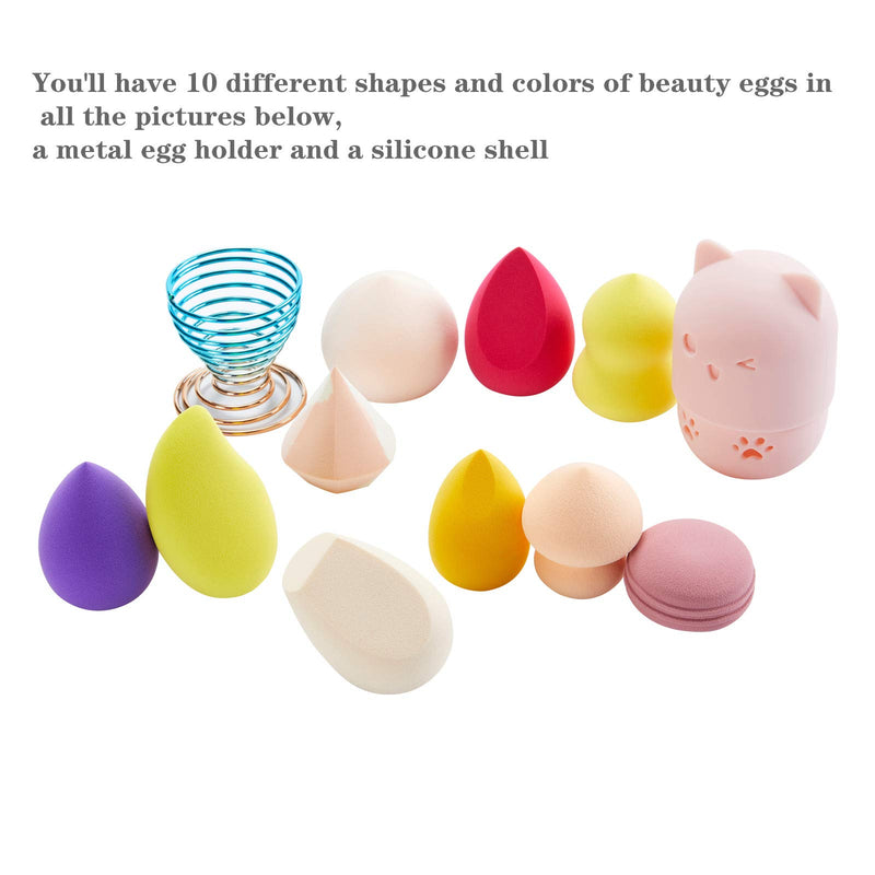 [Australia] - 10 Pieces Makeup Sponges Blender Set Beauty Egg Foundation Liquid Powder Cream Multicolored Makeup Blenderswith 1 Metal Egg Holder, 1 Silicone Case with Outer Band 