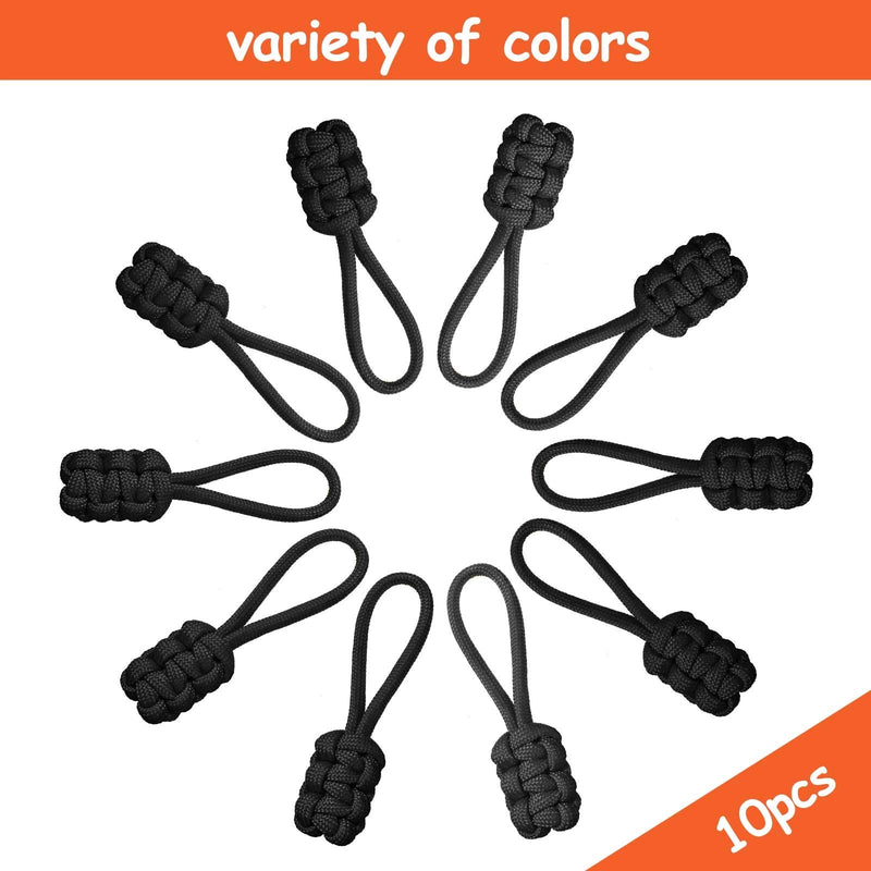 [Australia] - 10 Pieces Replacement Zipper Pulls Tab Universal Nylon Zipper Repair Kit Zipper Slider Pull Tab Zipper Fixer Metal Zipper Head Hand Woven Pull Rope Zipper Handle Cord Pull Tab (Black) 